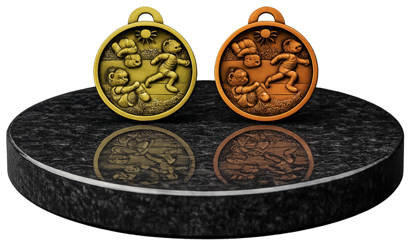Goldene und bronzefarbene Bärchenmedaille auf einem schwarzen Präsentationspodest