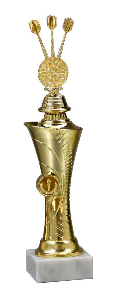 Goldener Pokal mit Darts-Motiv auf schwarzem Sockel